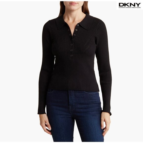 Dkny Sweaters - DKNY JEANS WOMEN NWT RIB COTTON BLEND KNIT BLACK POLO SWEATER. SIZE L